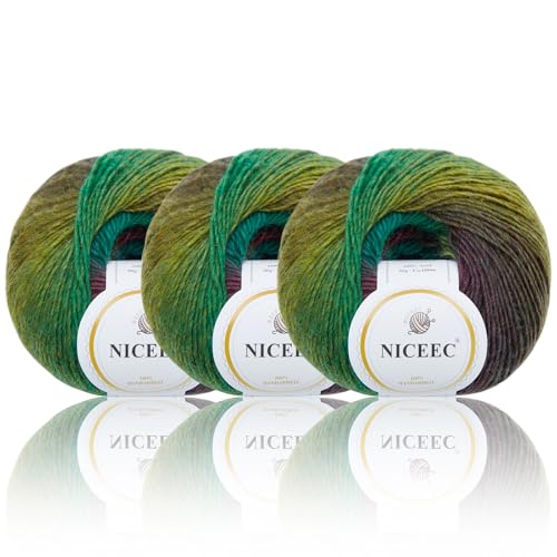 Image of NICEEC 3 Skeins Rainbow Soft Yarn 100% Wool Gradient Multi Color Yarn for Crocheting Knit Total Length 180mx3(196ydsx3,50gx3)-13#