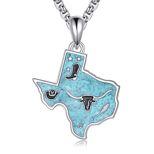 Image of URONE Texas Necklace Sterling Silver Texas State Map Flag Turquoise Pendant Cow Cowboy Bluebonnets Jewellery Gifts for Women Men Love TX