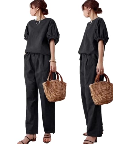 [DYIOPMFGZ] ブラウス tシャツ ワイドパンツ レディース セットアップ パンツスーツ 半袖トップス 2点セット 上下セット ガウチョパンツ きれいめ 無地 シンプル 部屋着 ゆったり 夏 (ブラック,M)のサムネイル