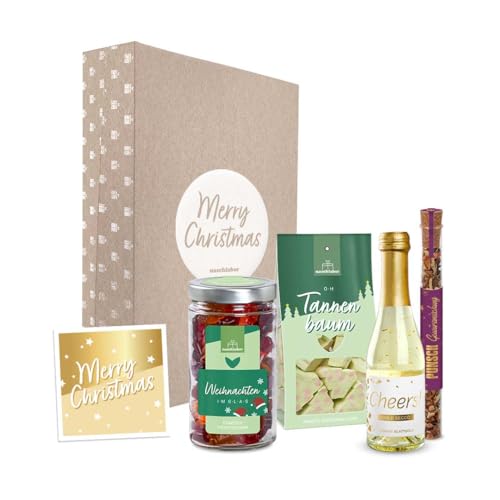 Merry Christmas Geschenkbox | Weihnachtsgeschenke für Freunde, Familie oder Kollegen | Süßigkeiten Mix zu Weihnachten | Gold Secco 22 Karat | Punsch Gewürzmischung
