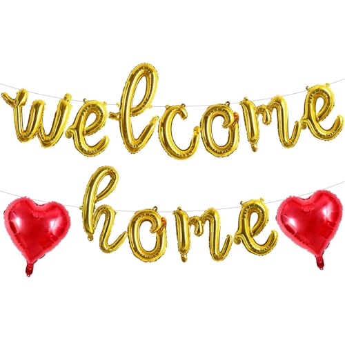 TONIFUL Welcome Home Balloons,Gold Cursive Welcome Home Foil Balloons Banner 16 Inch Welcome Home Party Decorations for Homecoming Party Decorations House Warming Party Family Gathering Supplies