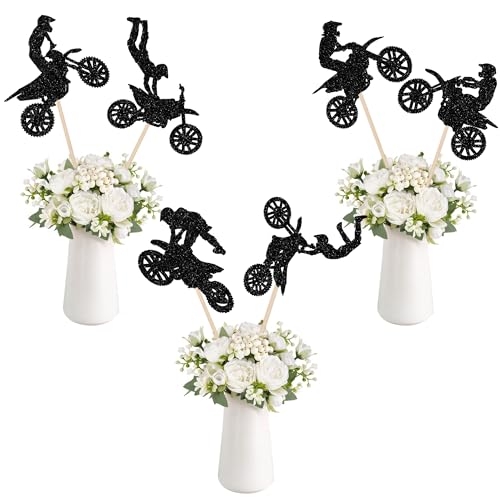 12 PCS Motorcycle Centerpiece Sticks Black Glitter Motocross Dirt Bike Table Flower Centerpieces Sticks Motocross Party Decorations for Sports Theme Man Boy Birthday Party Centerpieces Supplies