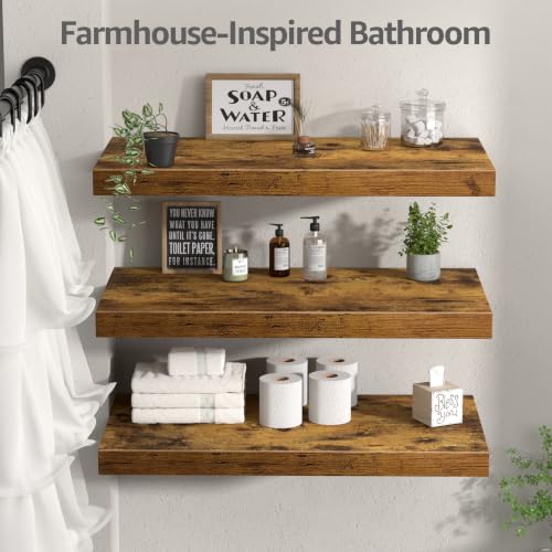Image of QEEIG 12 inch Deep Floating Shelves for Wall - 12 x 24 inch Book Shelf Bathroom Bedroom Kitchen Living Room Hanging Bookshelf Farmhouse Set of 3, Brown (026-60BN3)