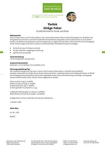 tierlieb Sanct Bernhard Ginkgo-Pulver für Hunde & Pferde | Einzelfuttermittel für Körper & Geist | Geprüfte Premiumqualität | 400g