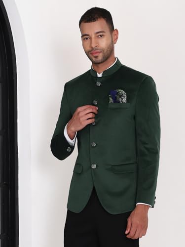 Image of MANQ Men Slim Fit Bandhgala Velvet Blazer - Mandarin Collar, Button Closure, Long Sleeves, Solid Ethnic Winter Wear with Three Pockets for Adults