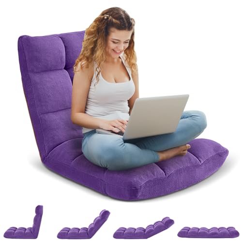 Image of Folding Floor Gaming Chair, Adjustable 14-Position Backrest, 6-Inch Thick Flannel and Skin-Friendly Cotton Sponge, Breathable, Ideal for Gaming, Meditating, Sleeping, Purple