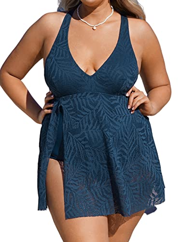 CUPSHE Women's One Piece Swimsuit Plus Size Bathing Suit Mesh Hollow Out Cross Back Split Swim Dress Leaf Texture