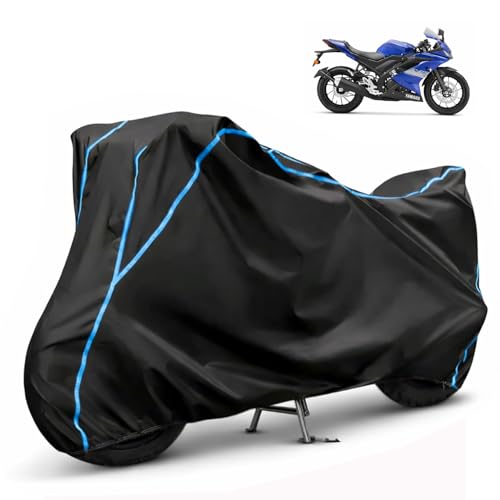 Image of Compatible with Yamaha R15 Waterproof Two Wheeler Bike Body Cover Water Resistant, Heavy Duty, UV Rays, Dust & Scratch Protection for All-Modal & Variants (Black,Sky Blue Piping)