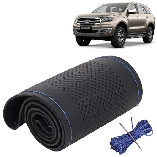 Image of KINGSWAY PU Leatherite Car Steering Cover Sewable Compatible with Ford Endeavour (Year 2019-2021), Black Color with Blue Thread, Pack of 1 with Sewing Needle and Thread