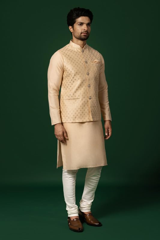 Image of KISAH Men Printed Kurta Jacket Set, Full Sleaves, Knee Length, Straight, Regular Fit, Mandarin Collar Ethnic Wear