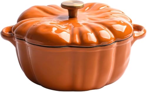 Cazuela de calabaza – Horno holandés de hierro fundido con tapa y asa, olla de cocina esmaltada antiadherente de 1,5 L para guiso, diseño creativo en forma de calabaza