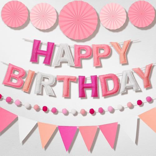Danadia Pre-Strung Happy Birthday Banner Reusable Felt Birthday Party Decorations 3D Effect Happy Birthday Sign with Felt Ball Garland Pennant Flag Hanging Paper Fans for Men Women Boy Girls (Pink)