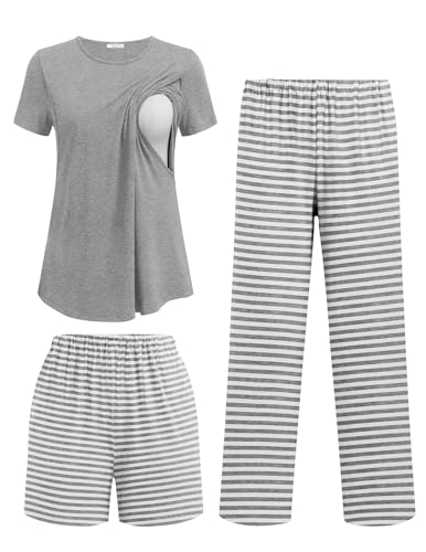 Image of Ekouaer 3 Piece Maternity Pajamas Set Postpartum Nursing Short Sleeve Breastfeeding Sleepwear Pregnancy Shorts & Pants Pjs