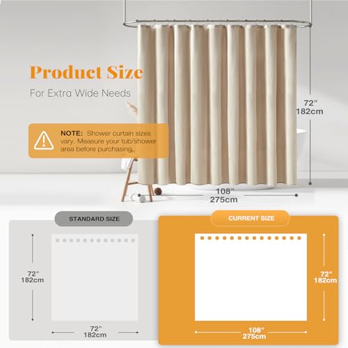 BTTN 108 Extra Wide Shower Curtain - 108x72 Linen Textured Heavy Duty Fabric Shower Curtain Set with 18 Plastic Hooks, Large Neutral Cloth Shower Curtains for Bathroom and Clawfoot Tub, Cream/Beige by BTTN - Used condition - Image 3