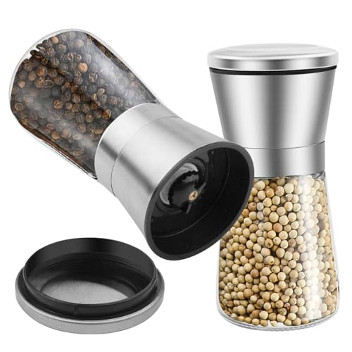 Juego De Molinillo De Sal Y Pimienta, Molinillo De Pimienta Recargable De 2 Piezas, Acero Inoxidable Cepillado, Grosor Ajustable Para Pimienta, Sal O Especias (Corto)