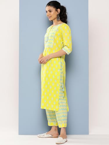 Image of Libas Yellow Yoke Design Cotton Straight Kurta with Trousers & Dupatta