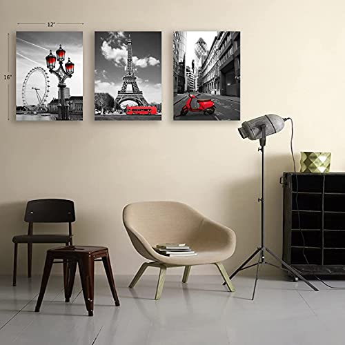 Black And White Red City Landscape- Paris Eiffel Tower Wall Art Decor Canvas Print Red Motorcycle Street View And Ferris Wheel Painting Modern Home Decoration 12"X16" X3 Panels Romantic Artwork #TOP7