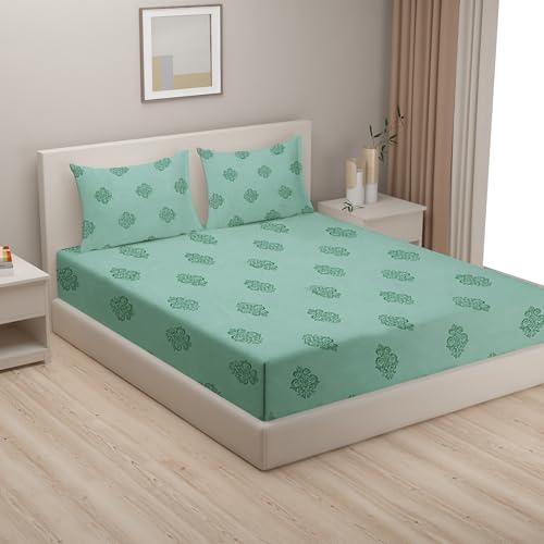 Image of Swayam Zinnia Collection Premium Mercerized Pure Cotton 250TC Ethnic Motif Print King Bedsheet with 2 Pillow Covers - Green