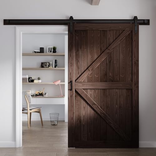 Image of FREDBECK 48x80 Brown Barn Door with 8ft (96inch) Hardware Track Kit and Handle Included,Double Surfaces,Simple Assembly is Required,K-Frame,Coffee