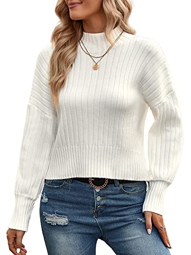 Zaful Women's Mock Neck Sweater Long Sleeve Ribbed Knit Basic Cropped Pullover Sweater (0-White) #TOP1