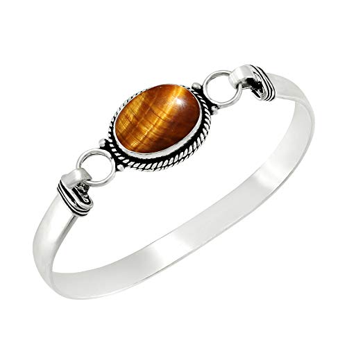 925 Silver Plated Natural Tiger Eye Cuff Bangle Bracelet for Women – Handmade Bohemian Jewelry – Brown Gemstone June Birthstone Fashion Statement Bangle – Gift for Anniversary, New Year