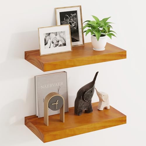 Fun Memories Wood Floating Shelves Set of 2, Rustic Pine Wood Floating Shelves for Wall Mounting, Wide Wall Shelf for Home Decor and Storage, 16