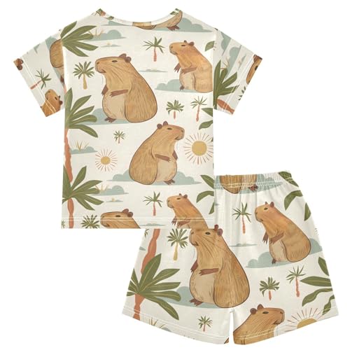 ALAZA Capybara Palm Tree Sun Pajamas Short Sleeve 2 Piece Sleepwear Top and Bottom Pajama Set Unisex2