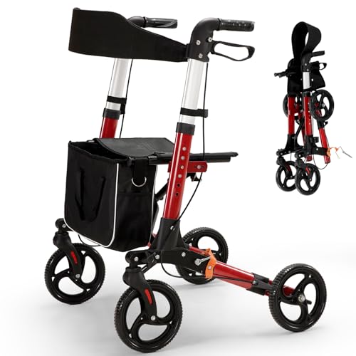 WalkMax Rollator Walker for Seniors, Lightweight Foldable All Terrain Rolling Walker with seat, Aluminum Walkers with 8 inch Solid Wheels, Handles and Backrest for Seniors and Adult (Red)
