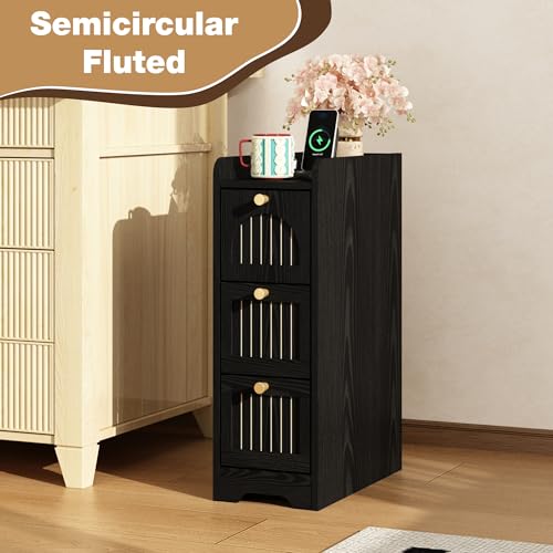 Image of 7.87 inch Narrow Nightstand Set of 2, Fluted Slim Bedside Table with 2 Drawers, Mid Century Modern Small End Table with Gold Metal Handles, for Bedroom, Living Room & Small Spaces - Black