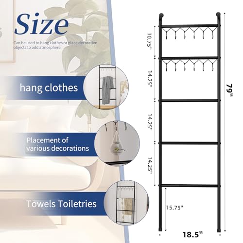 Simple Trending Blanket Ladder，5 Tier Metal Towel Rack with 12 Hooks, 79'' Metal Style Decorative Ladder for The Living Room Bedroom Bathroom Home Decor, Black by Simple Trending - Image 6