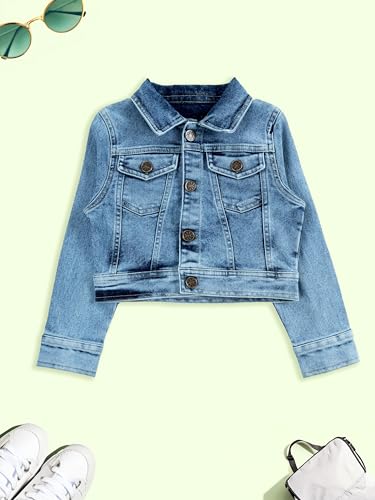 Image of Girls Full Sleeve Solid Crop Denim Jacket