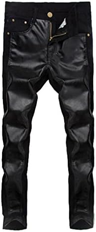 DDK Men's Fashion Black Skinny Stitching PU Leather Trousers