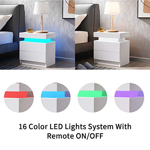 Generic Bedside Table with 2 Drawers, LED Nightstand Wooden Cabinet Unit with LED Lights for Bedroom, End Table Side Table for Bedroom Living Room, White