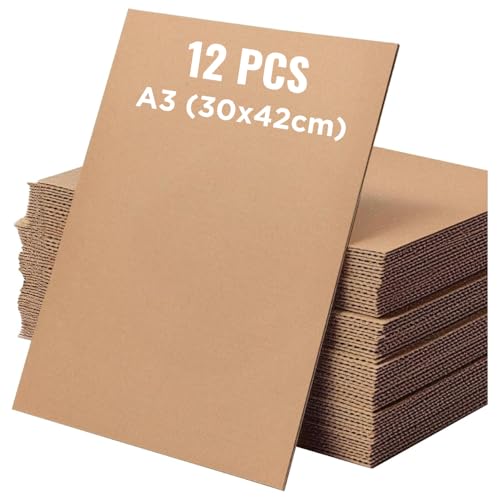 SAKPHIL (Pack of 12) A3 Brown Corrugated Sheets | 16.5x11.8 inch (42x30 cm) | Flat Cardboard Sheets | Cardboard Inserts for Packaging | Mailing | Arts & Crafts | Separators for Shipping