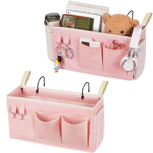 Image of Loghot Bedside Caddy /Bedside Storage Bag Hanging Organizer for Bunk and Hospital Beds,Dorm Rooms Bed Rails,Can be Placed Glasses,Books,Mobile Phones,Keys (2pc Pink)