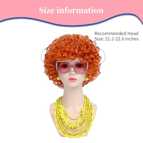 Image of Women Roper Curly Orange Red Cosplay Wig with Necklace Earrings and Sunglasses for Women Hallween Costume Wig