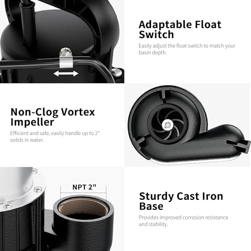 Image of FOTING Sump Pump Submersible Sewage /Effluent Pump - Heavy Duty Cast Iron - 115V Septic Pump for Sump Basin /Residential /Sewage /Basement, 1HP 5600 GPH Sewage Pumps 2'' NPT,Black