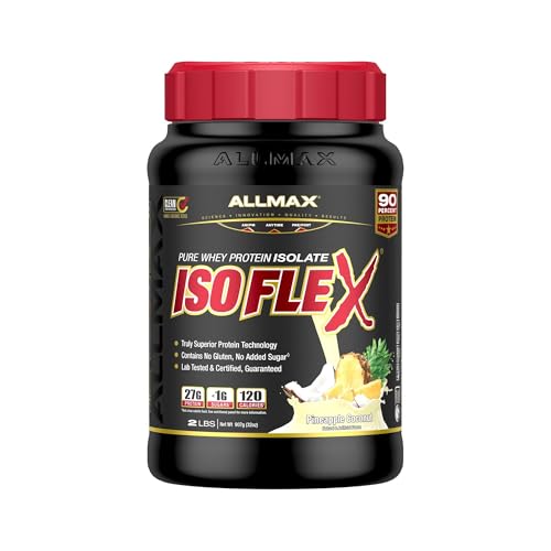 AllMax Nutrition ISOFLEX Whey Protein Isolate, Pineapple Coconut - 2 lb - 27 Grams of Protein Per Scoop - Zero Fat & Sugar - 99% Lactose Free - Gluten Free & Soy Free - Approximate 30 Servings