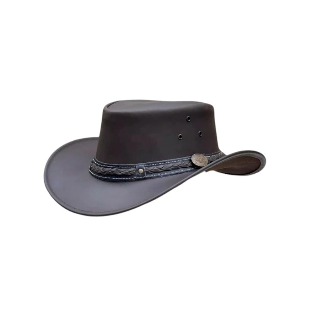 Aussie Western Style Cowboy Real Genuine Leather Brown Outback Bush Hat with Chin Strap - L