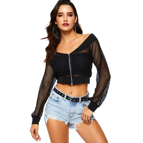 pdkfashions Women's Black Summer Zip Up Light Weight Long Sleeve Crop Mesh Bomber Jacket (M)-picture-13