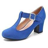 Women's T-Strap Mary Jane Pumps Low Block Chunky Heels Closed Round Toe Dress Wedding Shoes Royal Blue 38-7US