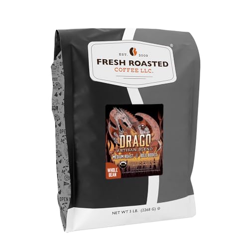 Fresh Roasted Coffee, Organic Drago Cafe Blend | USDA Organic, Kosher | Medium Roast 5 lb (80 oz) Whole Bean