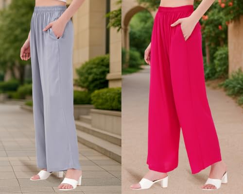Image of Buy That Trendz Palazzo Pants for Women Rayon Elasticated Regular Fit Flared Wide Leg M to 6XL Pack of 2