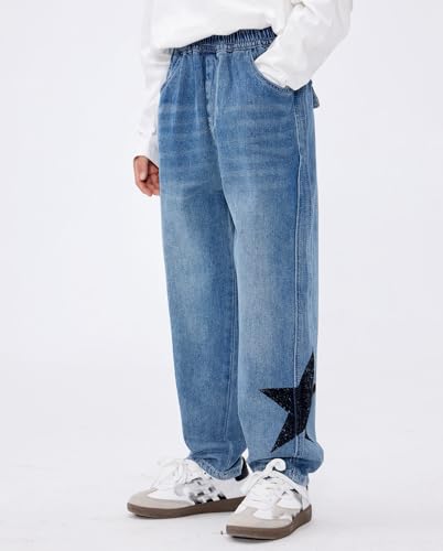 HBER Boys Kids Star Jeans Elastic Waist Wide Leg Baggy Jeans Straight Leg Denim Pants for Teen Boys 5-14 Years2