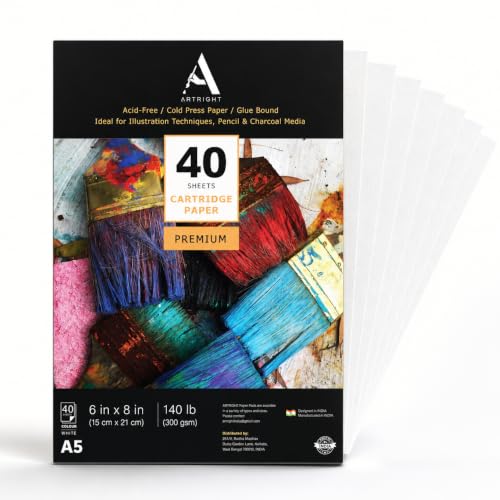 Image of ArtRight Artists' Sketching Paper (A5 Pack of 40 Sheets, 300 GSM); Handmade Cartridge Mixed Media Sheets of 300GSM for Pencil, Charcoal and Ink Media