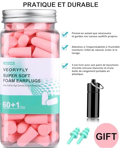 Bouchon-dOreille-pour-Dormir61-Pairs-Bouchon-Oreille-Sommeil-SNR-38-dB-Reutilisables-Boule-Caisse-en-Eponge-Souple-Bouchons-Doreilles-Anti-Bruit-pour-Dormir-Protection-Auditive-Ronfler-Voyager