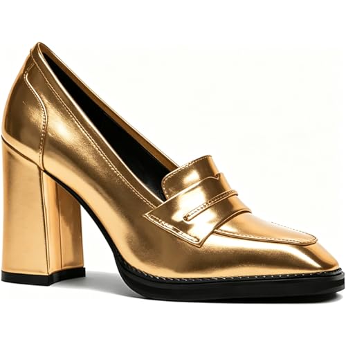 Image of FOWT Dressy High Block Heels Loafers for Women Classical Square Toe Pumps Comfortable Slip On Walking Shoes School Uniform Goth Oxfords US Size 4-16 M