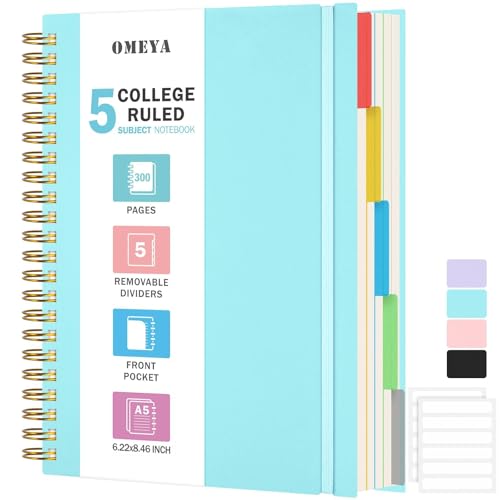 Image of 5 Subject Notebooks College Ruled, Lined Notebook with Removable Dividers
