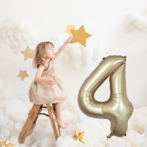 Image of Metallic Gold Number 4 Balloons, 40 In Large Champagne Number 4 Mylar Foil Helium Balloons for Girls, Self Inflating Light Gold Number Four Balloon for Boys 4th Birthday Anniversary Party Decoration