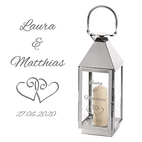 Casa Vivente Laterne aus Edelstahl mit Gravur zur Hochzeit, Personalisiert mit Namen und Datum, Motiv Herzen, Geschenkidee für Paare